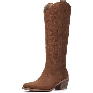 Women Brown Suede Polyurethane Embroidery Side Zipper Knee High Western Boots